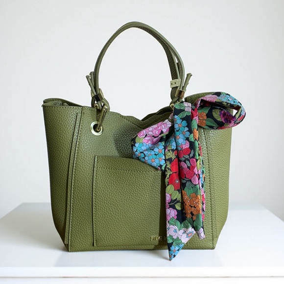 NWT Steve Madden Olive Faux Leather Satchel Mini Tote Crossbody with Scarf! NEW! - Picture 2 of 16